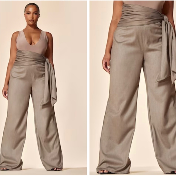 PrettyLittleThing Pants - NEW Prettylittlething PTL Label Plus Grey Tie Waist Tailored Straight Leg Pants